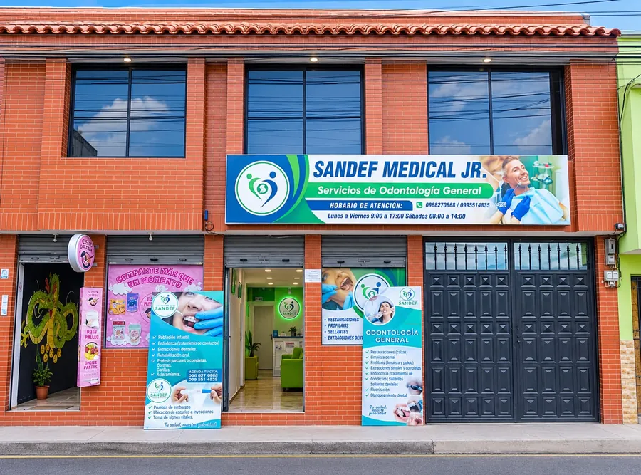 Fachada del consultorio SanDef en San Pablo del Lago, Otavalo